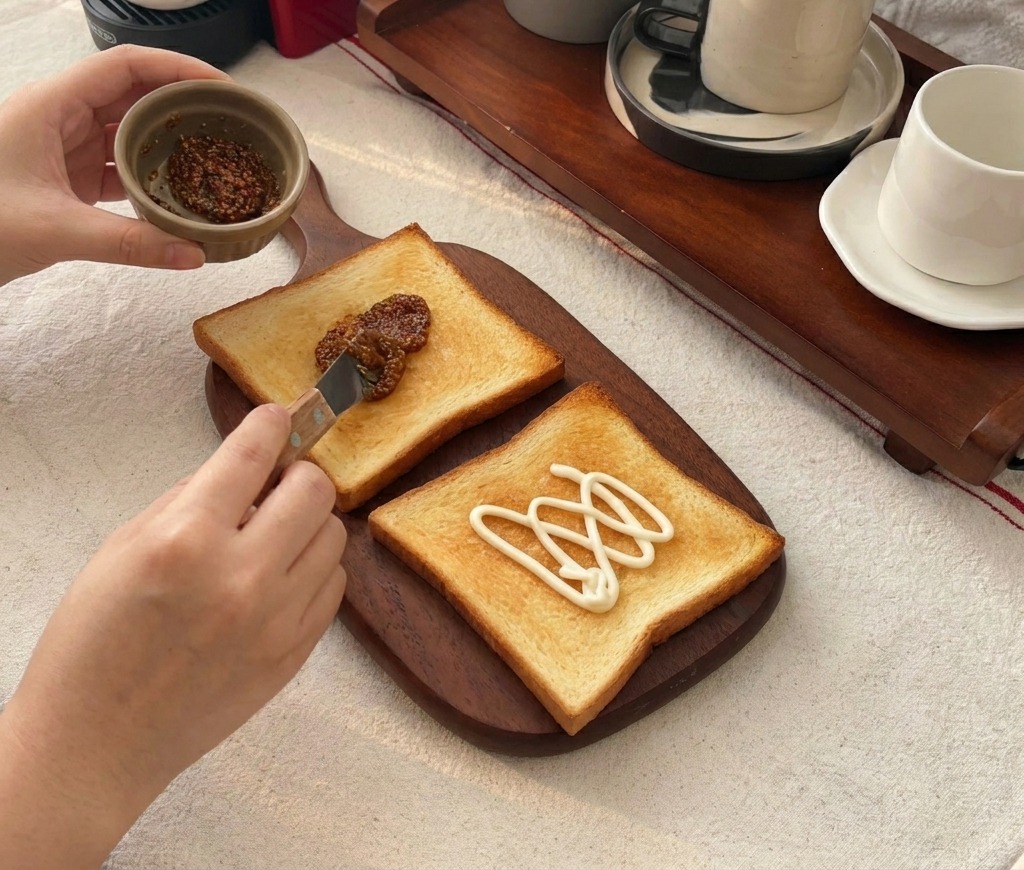 A small knife being used to spread a dollop of coarse-grain honey mustard across a slice of toasted bread.