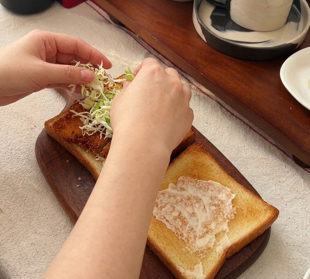 Two hands adding a pile of fresh, shredded green lettuce on top of a fried chicken fillet resting on toast.