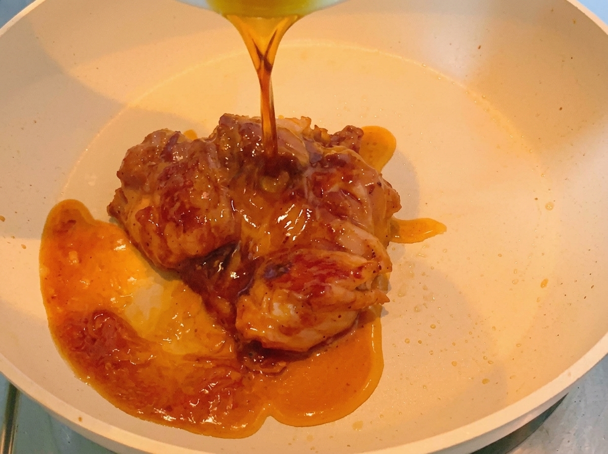 Dark, savory glaze being poured over a pan-fried chicken thigh in a white frying pan.