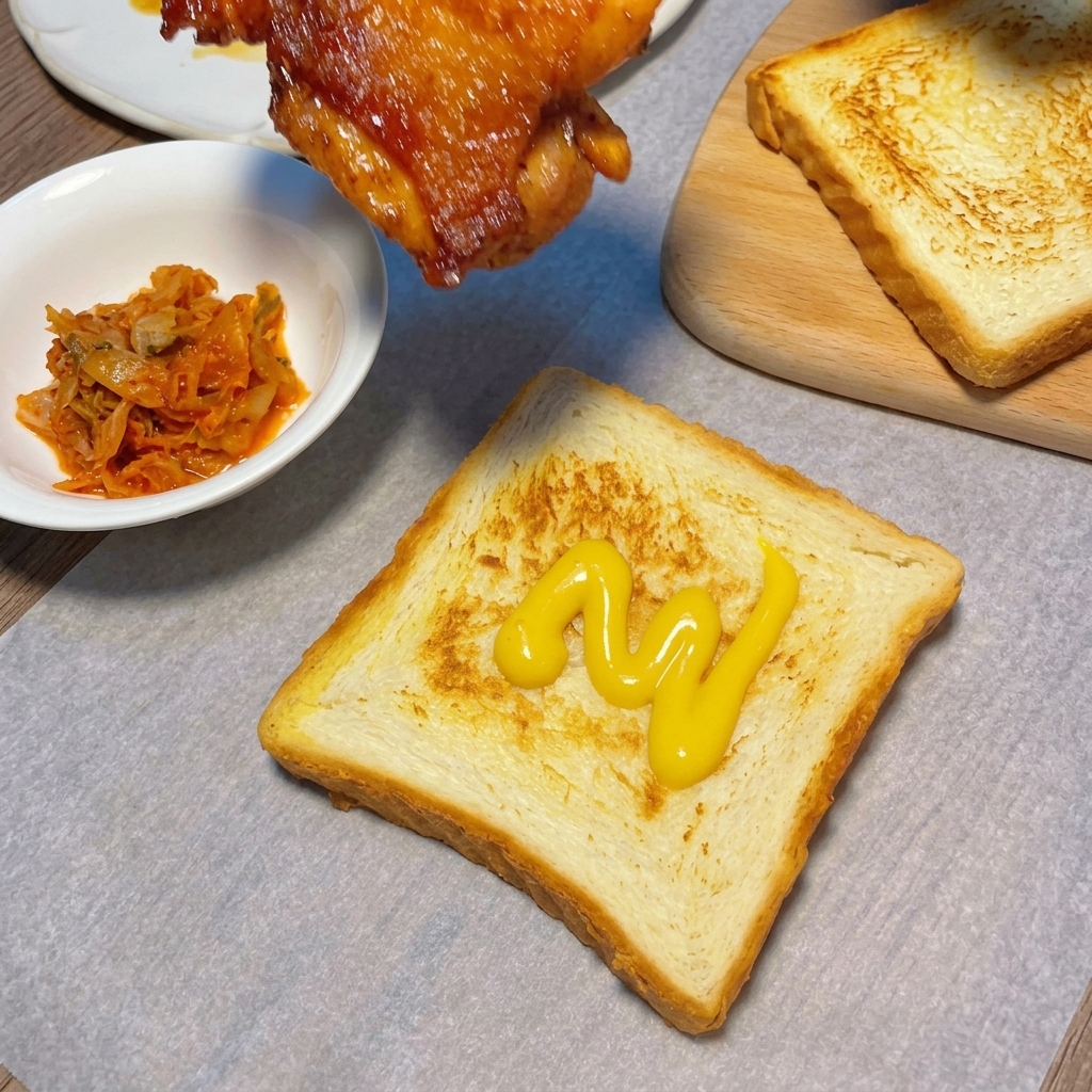 A sticky, dark-glazed chicken thigh being placed onto a slice of toasted bread coated with yellow mustard.