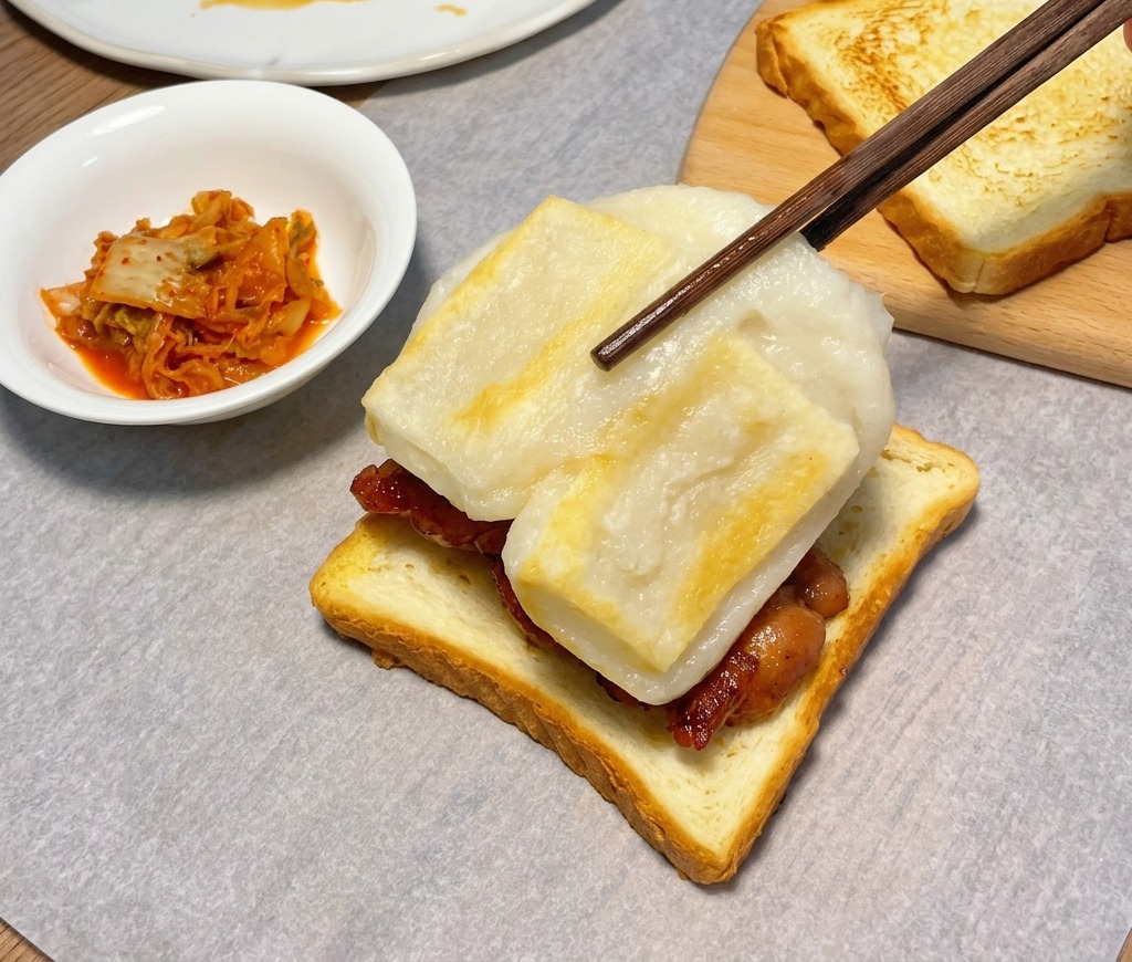 Chopsticks carefully placing pan-fried white rice cakes over glazed chicken sitting on a piece of toasted bread.