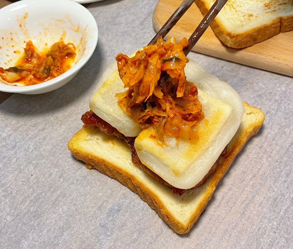 Chopsticks dropping a vibrant scoop of chopped red kimchi onto a stack of rice cakes and glazed chicken on toast.
