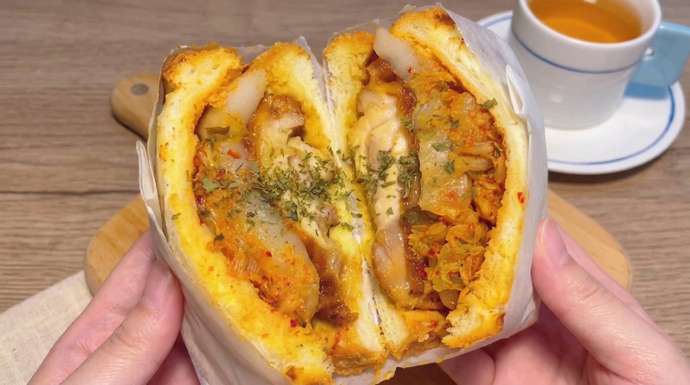 Korean-Inspired Fried Chicken & Rice Cake Sandwich