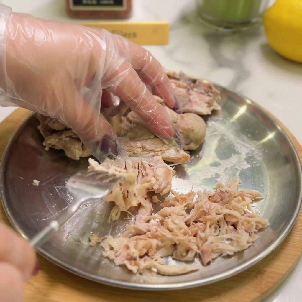 Gloved hands using a metal fork to shred cooked chicken breast into fine pieces on a round metal plate.