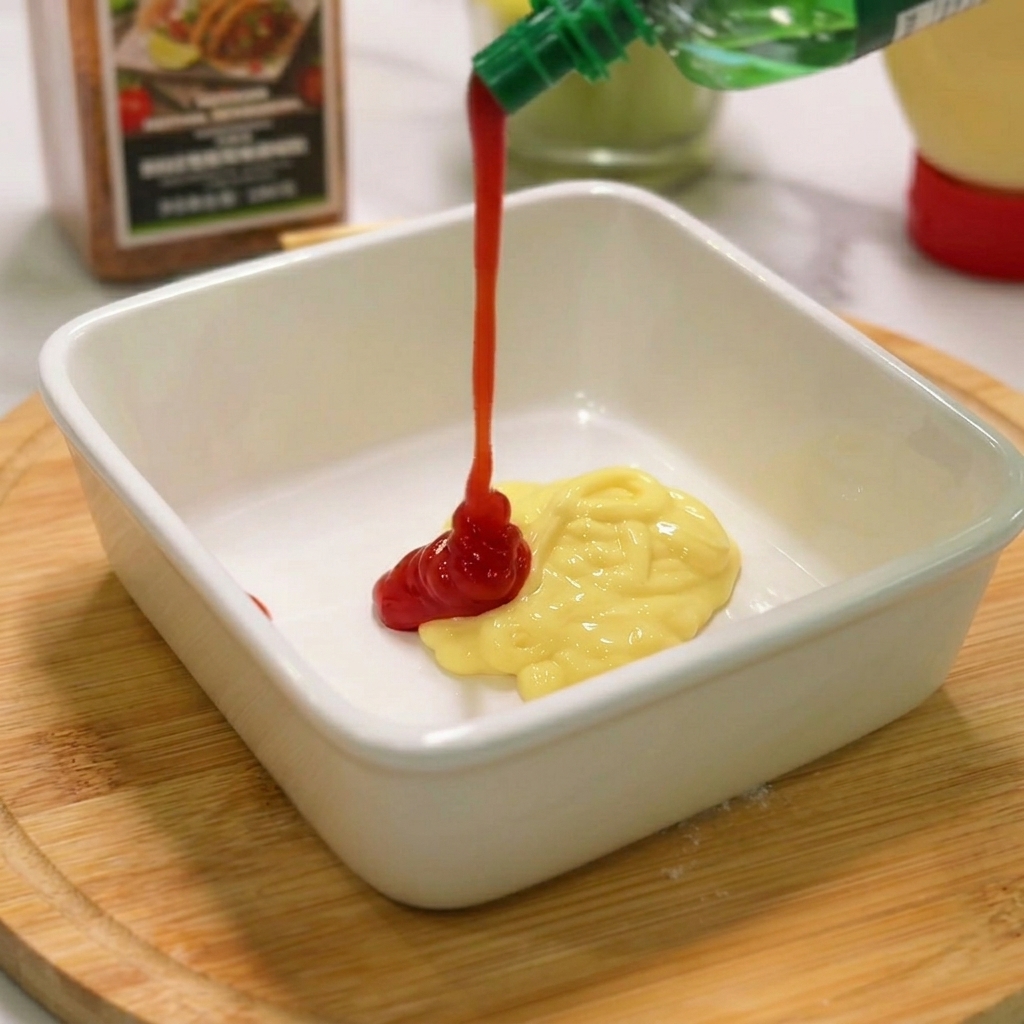 Red ketchup being squeezed out of a green bottle onto a dollop of yellow mayonnaise in a square white dish.
