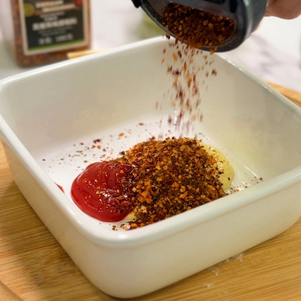 A dark red Mexican spice blend cascading from a black shaker onto a mix of ketchup and mayonnaise in a white bowl.