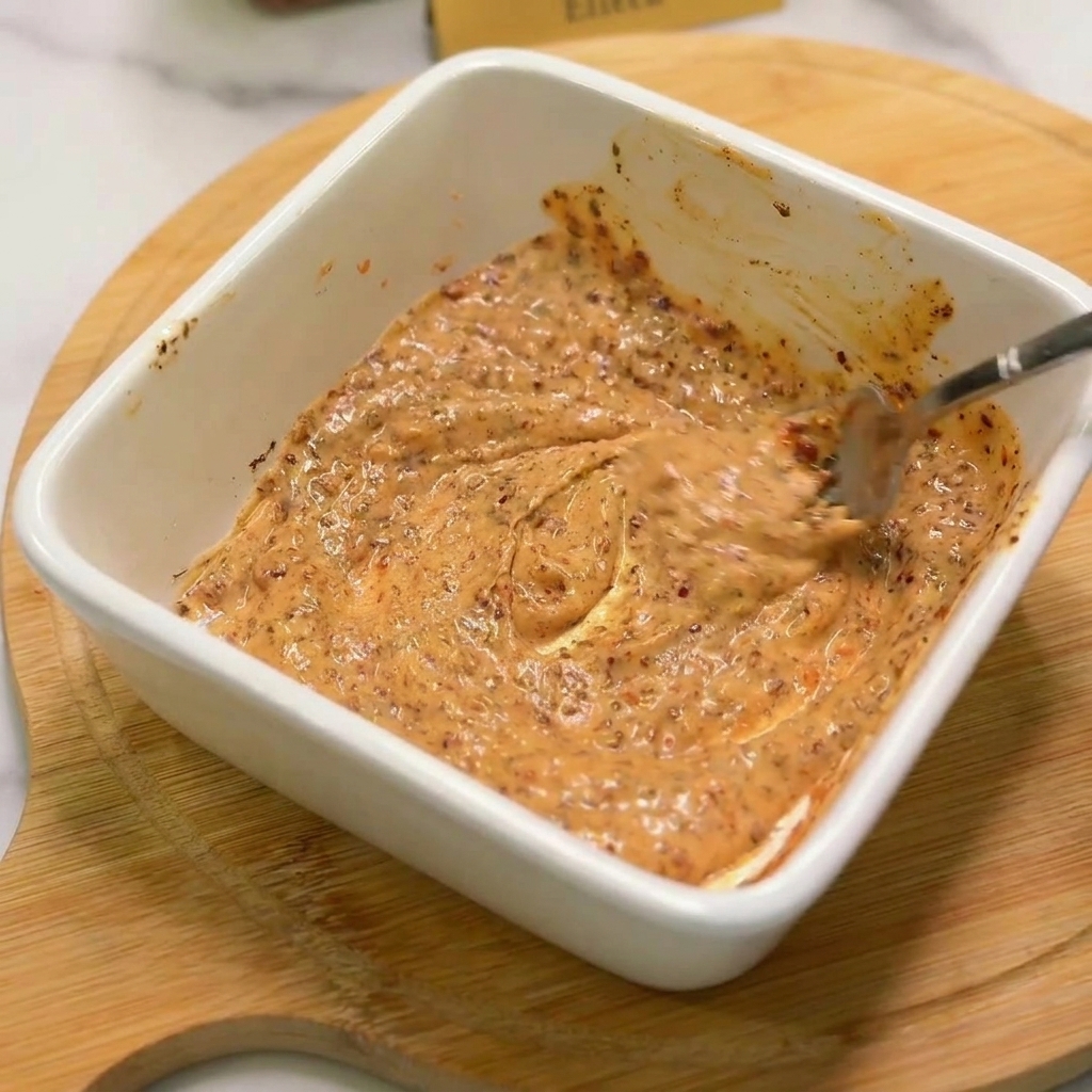 A metal fork stirring a thick, creamy orange sauce speckled with red spices in a square white dish on a wooden board.