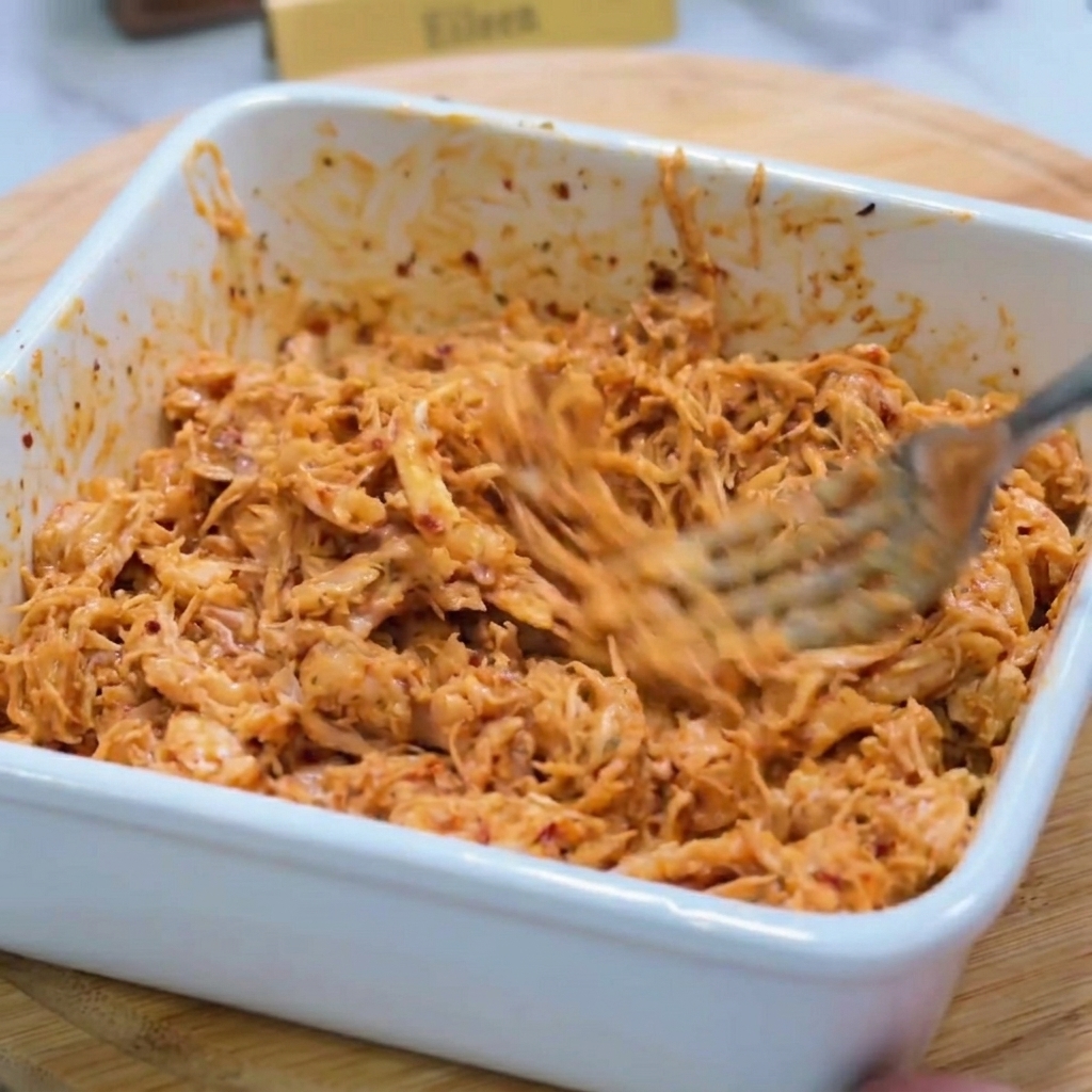 Shredded chicken being mixed into a spicy orange mayonnaise sauce in a white square bowl using a fork.