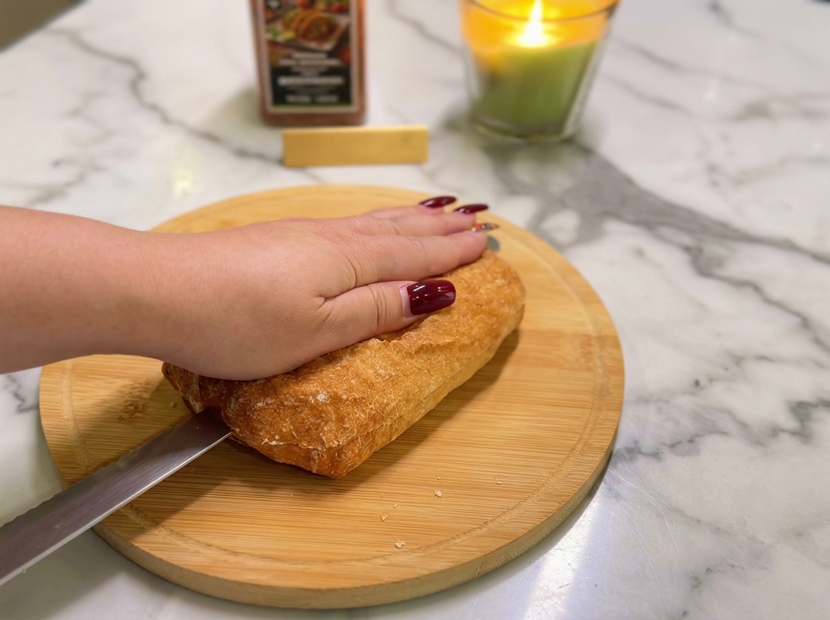 A hand pressing flat onto a ciabatta roll while slicing it in half horizontally on a round wooden cutting board.