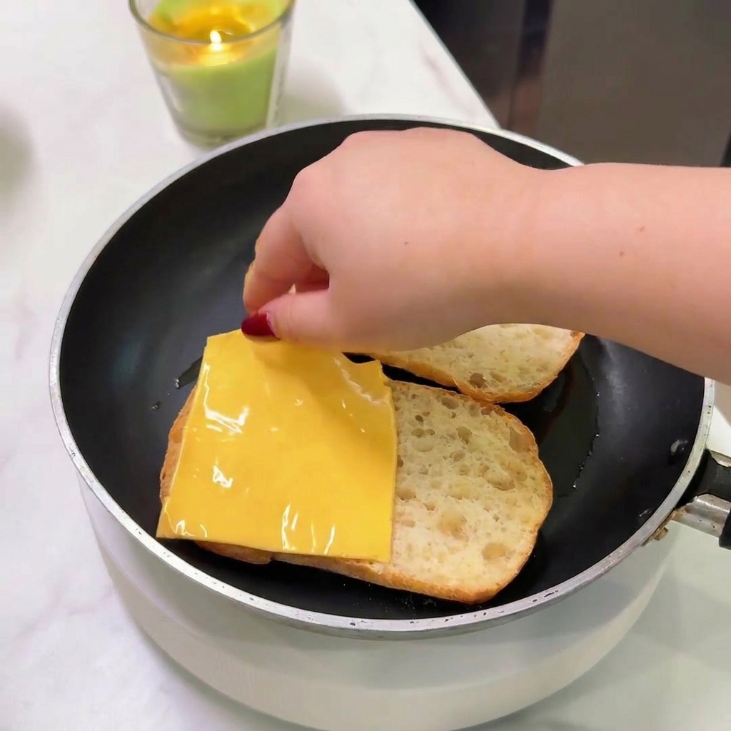 A hand placing a square slice of yellow cheese onto a toasted ciabatta half inside a skillet.