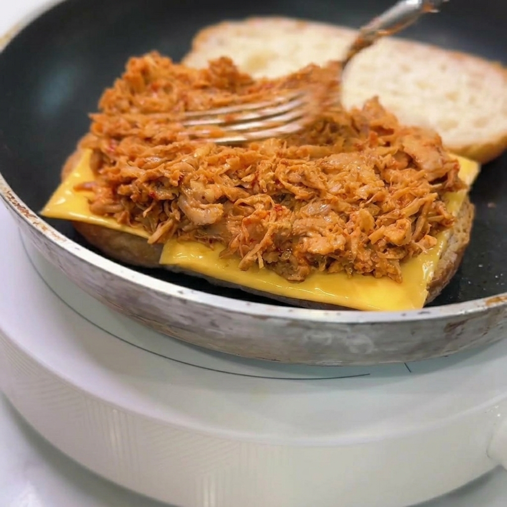 A fork spreading a thick layer of shredded chicken mixed with orange sauce over a slice of cheese on toasted ciabatta.