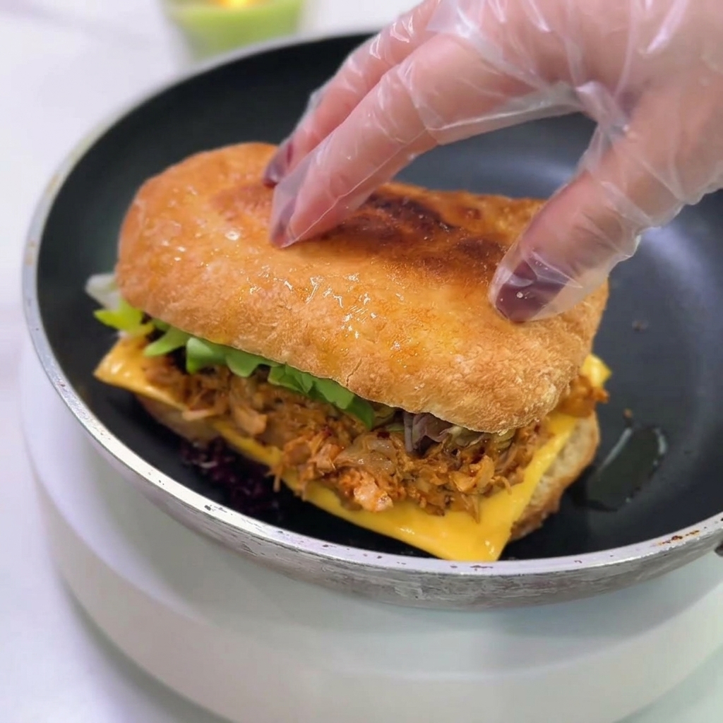 A gloved hand placing the top half of a toasted ciabatta roll onto a sandwich filled with spicy chicken, cheese, and fresh lettuce.