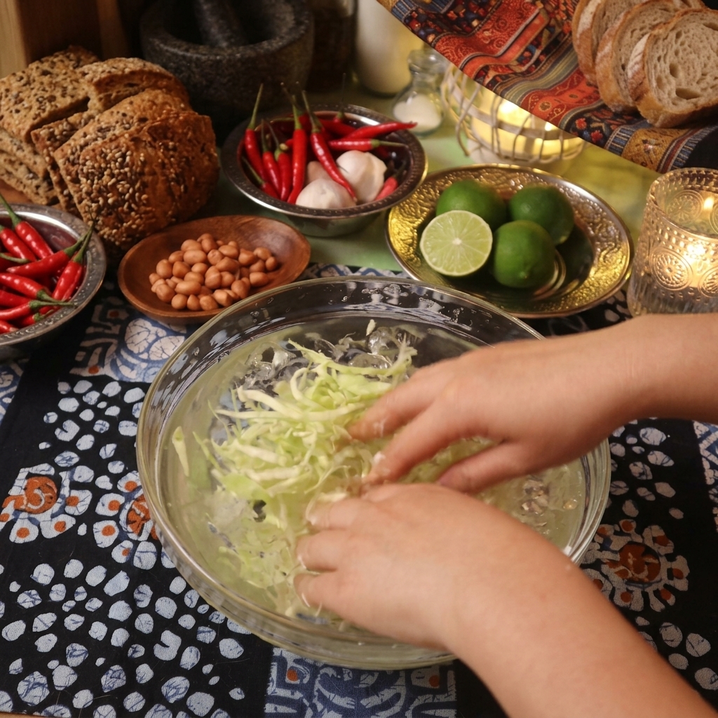 Hands mixing and submerging shredded green cabbage in a clear glass bowl filled with ice-cold water.