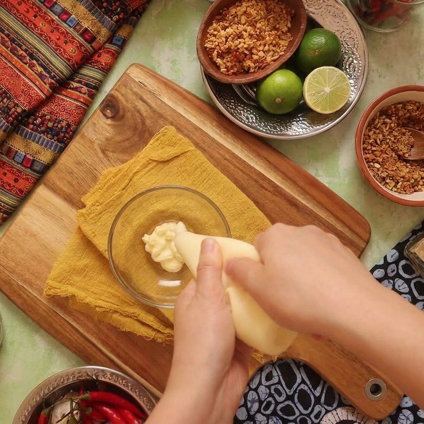 A top-down view of hands squeezing thick white mayonnaise into a glass bowl where minced garlic is already prepared.