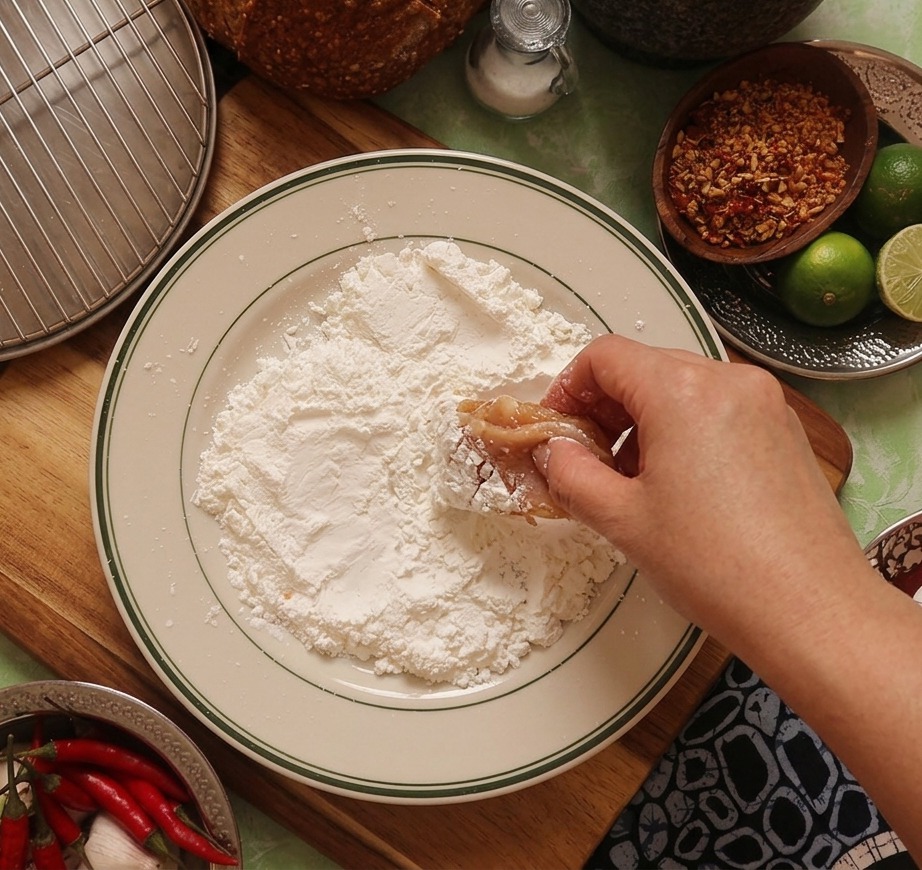 A hand pressing a piece of raw chicken meat into a plate of white cornstarch to ensure a full and even coating.