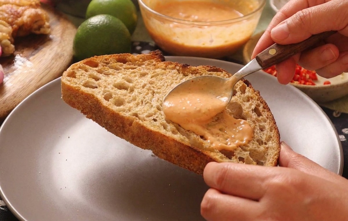A spoon spreading a thick layer of creamy orange sauce over a large slice of toasted artisan sourdough bread.