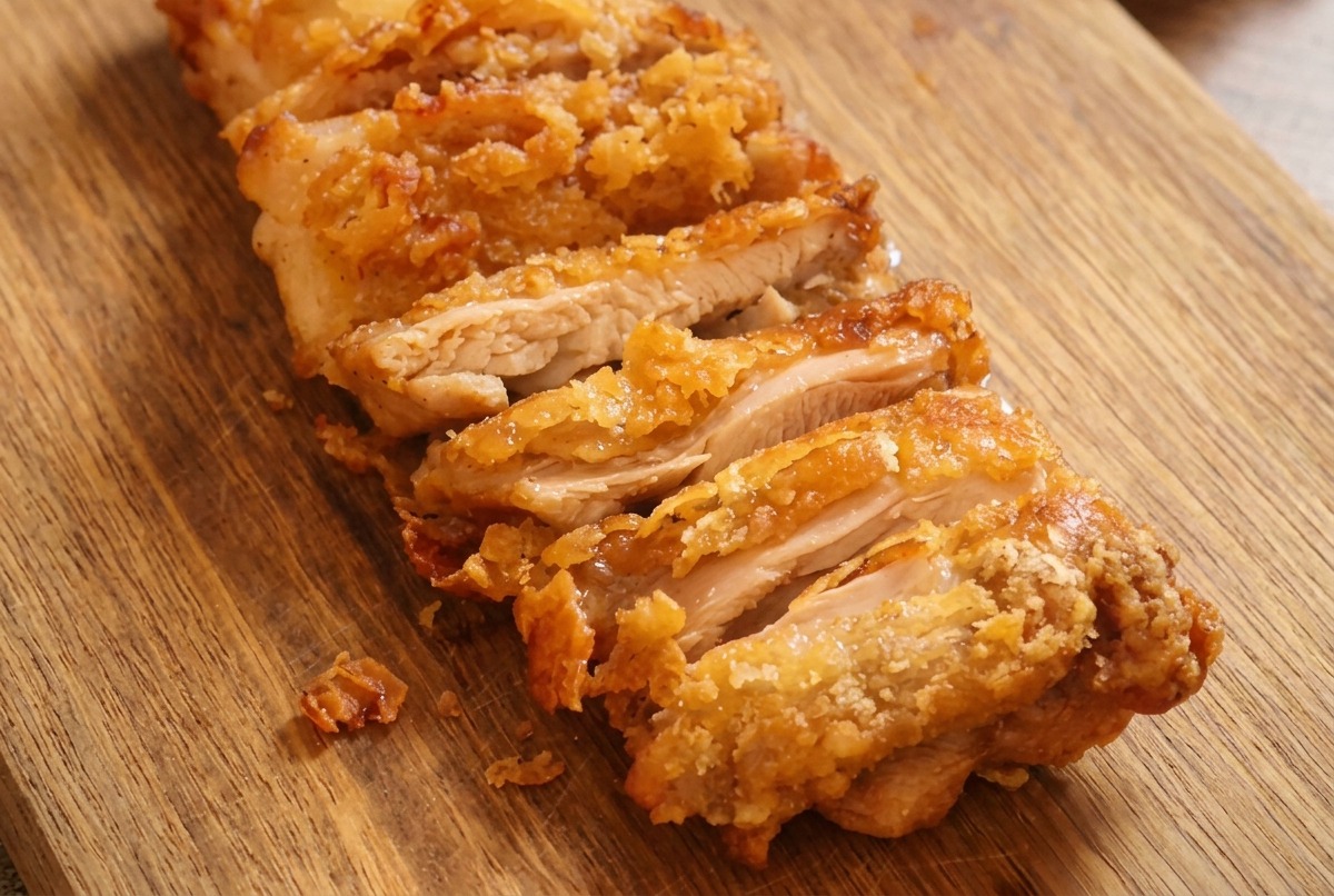 A close-up of a golden-brown fried chicken thigh sliced into several thick, crispy strips on a wooden cutting board.