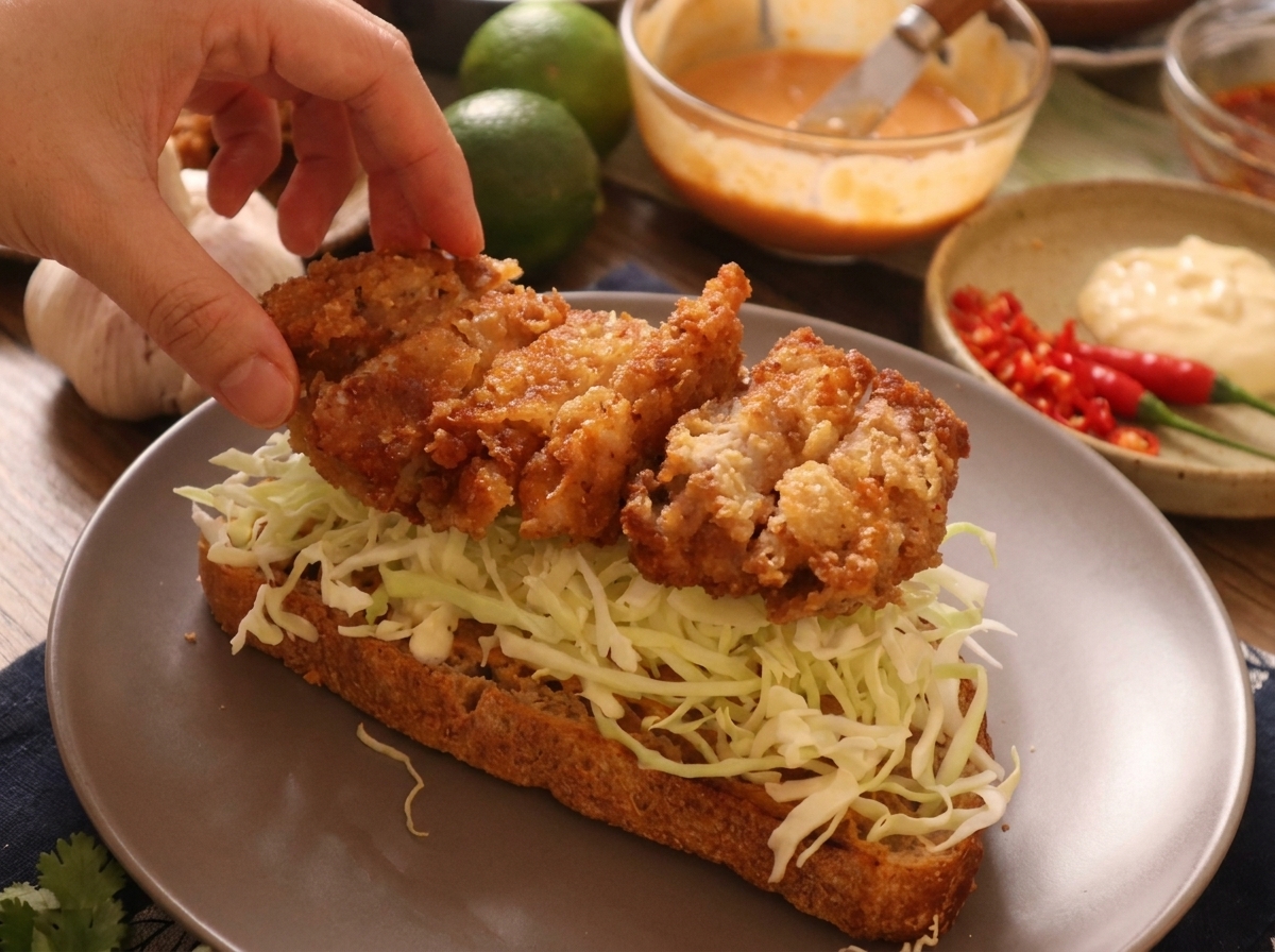 A hand placing perfectly golden sliced crispy chicken cutlets onto a bed of shredded cabbage over toasted bread.