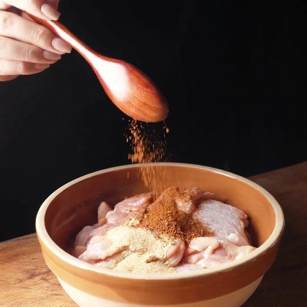 A wooden spoon dropping reddish-brown spice powders onto raw chicken thighs in a bowl.