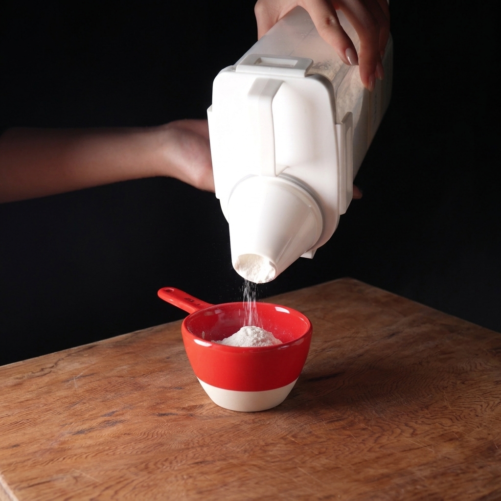 Pouring cake flour from a white dispenser into a small red measuring cup on a wooden board.