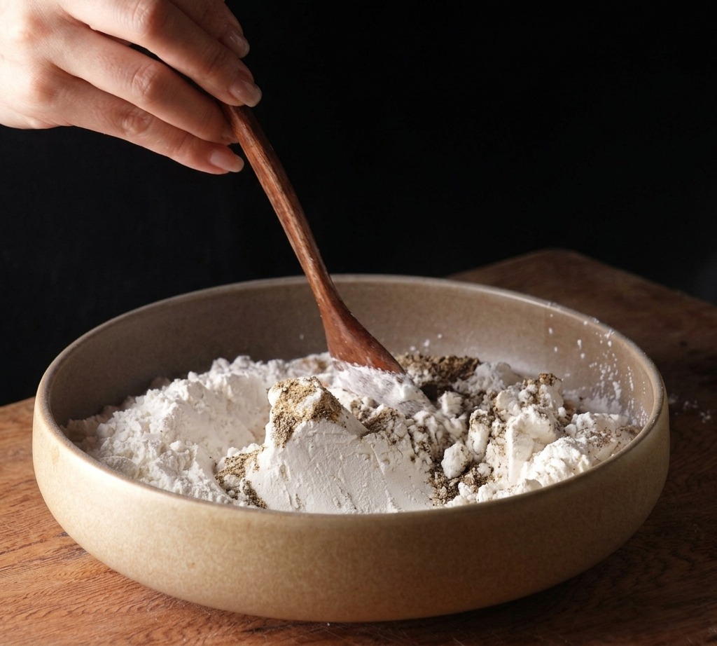 A hand using a wooden spoon to mix dry flour and various dark spices together in a shallow ceramic dish.