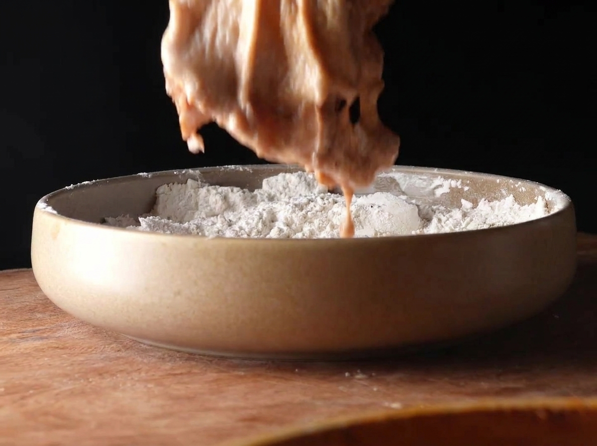 Lifting a piece of thickly marinated raw chicken above a dish of seasoned flour, ready to be coated.