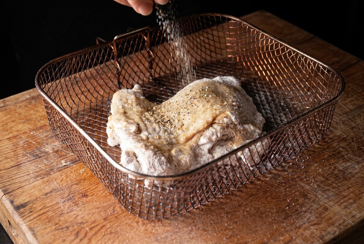 Spraying an even coat of cooking oil over a floured chicken thigh in a copper air fryer basket.