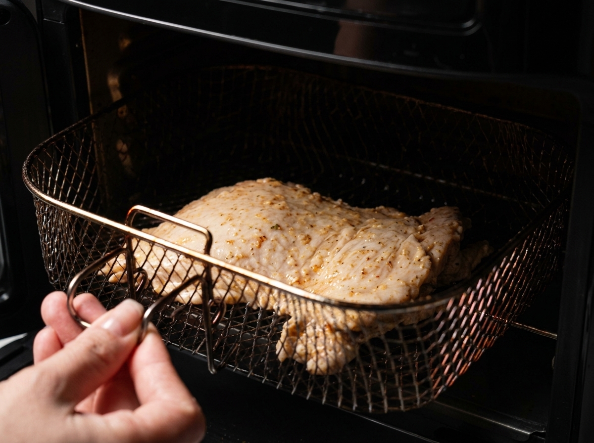 A golden brown crispy chicken thigh inside a black air fryer basket.