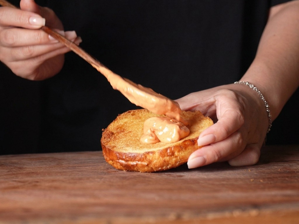 Adding crispy rice puffs onto a chicken burger during the assembly process.