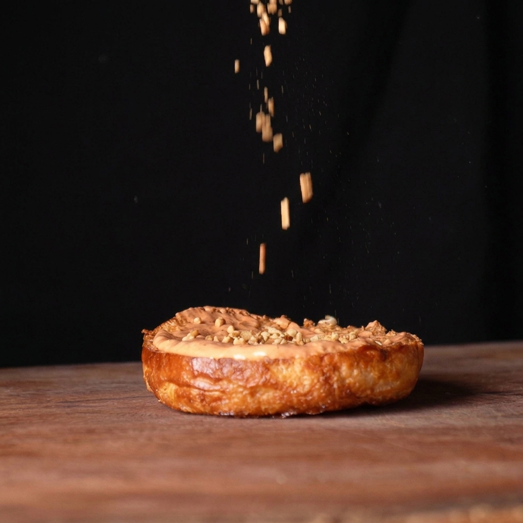 A completed tall chicken burger with purple slaw and pickles on a serving plate.