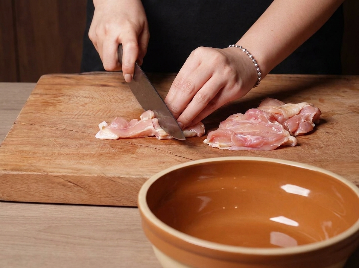 Hands holding a knife slicing raw, boneless, skin-on chicken thighs into pieces on a large wooden cutting board.
