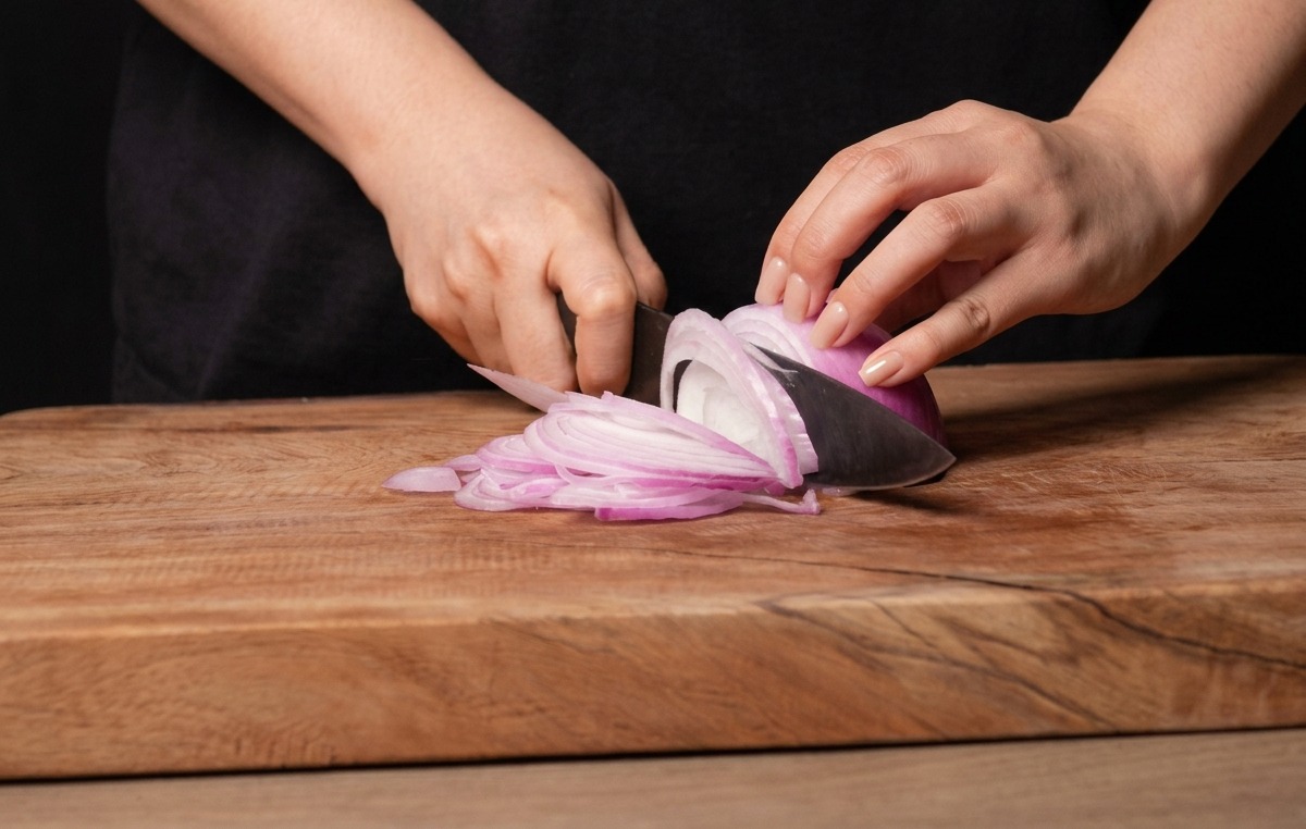 Hands slicing a red onion into thin strips on a wooden cutting board.