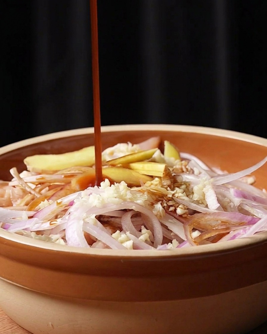 Thick, dark oyster sauce being poured in a steady stream into a bowl of marinating chicken and aromatics.