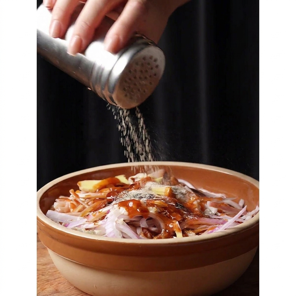 Shaking white pepper powder from a metal shaker over raw chicken and sliced red onions in a bowl.