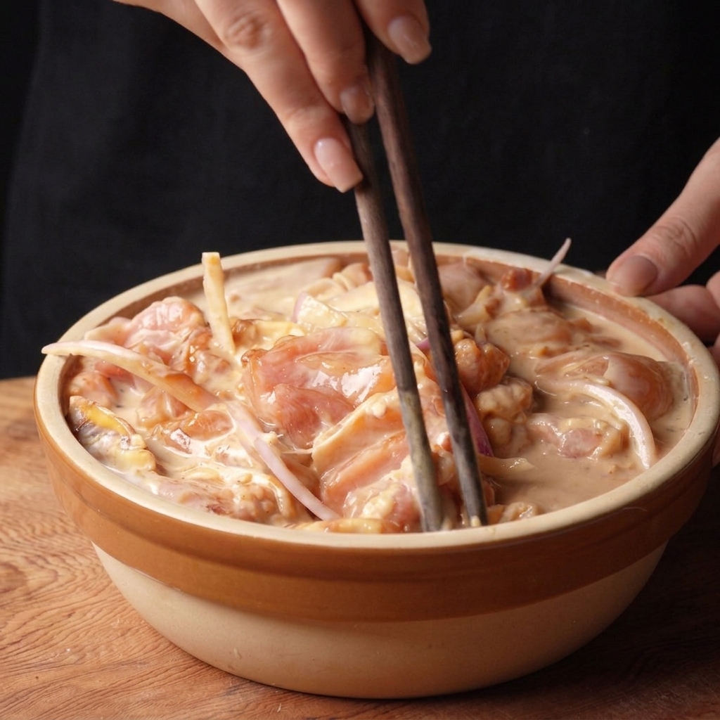 Mixing raw chicken pieces with a creamy buttermilk marinade and sliced red onions using wooden chopsticks.