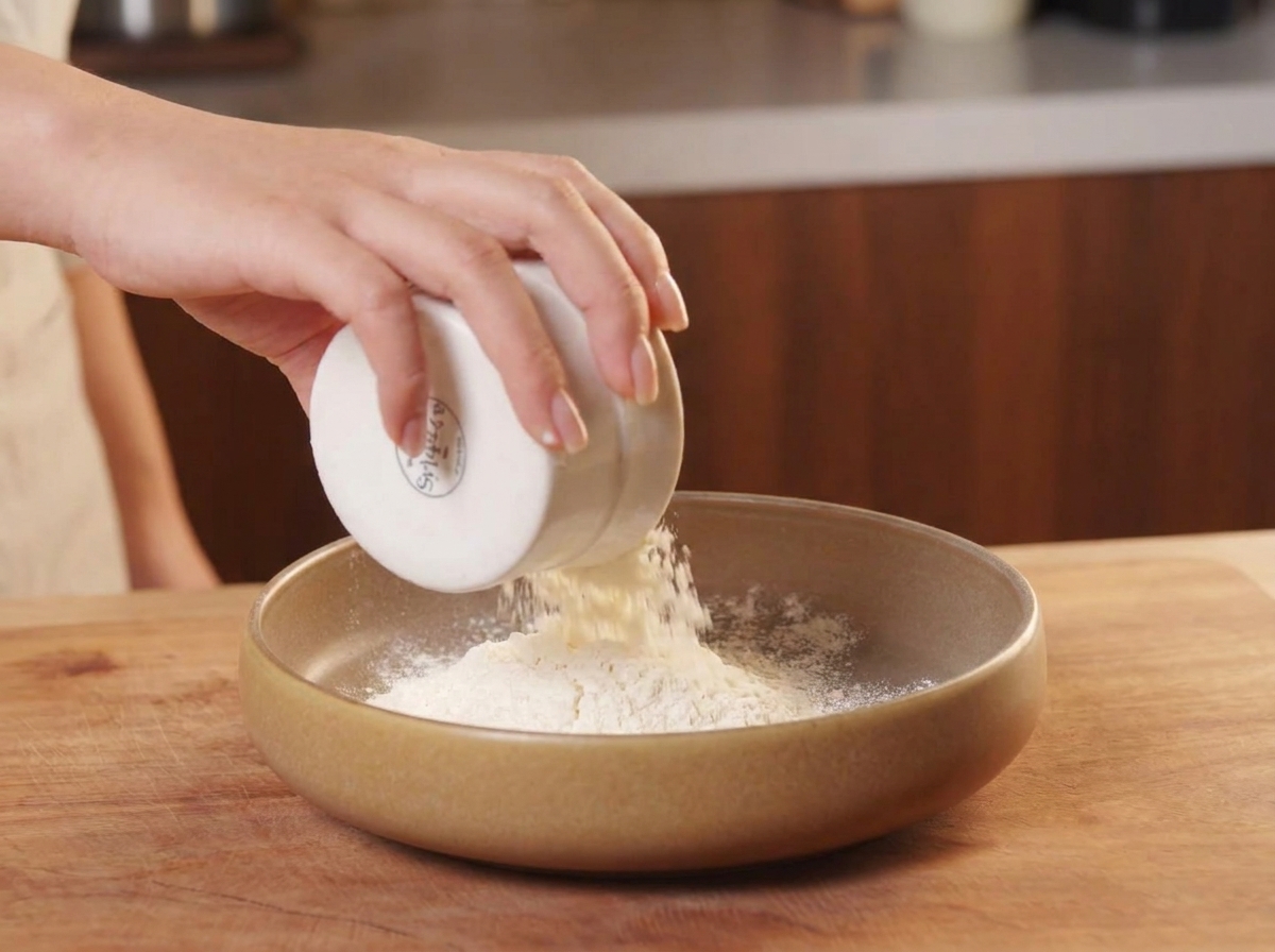 Pouring white cornstarch from a small bowl onto a mound of all-purpose flour in a shallow dish.