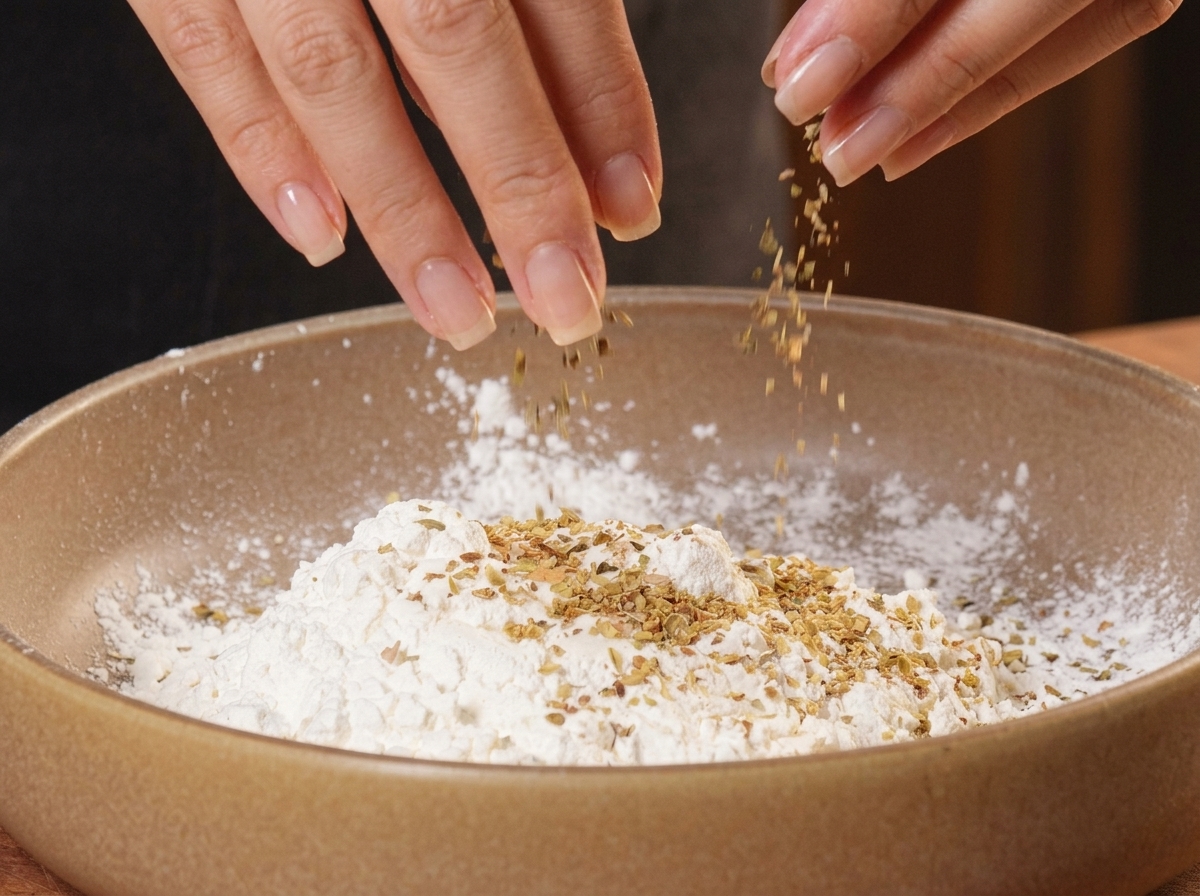 Hands sprinkling dry herbs and spices over a mound of white flour and cornstarch mixture.