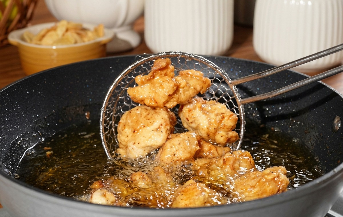 A metal spider strainer lifting several pieces of lightly browned, partially cooked fried chicken out of a pan of hot oil.