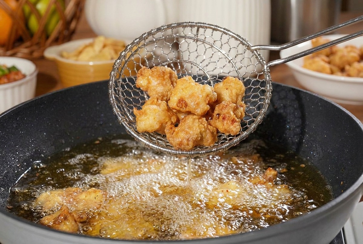 Crispy, golden-brown fried chicken pieces being lifted out of a pan of bubbling hot oil using a wire mesh skimmer.