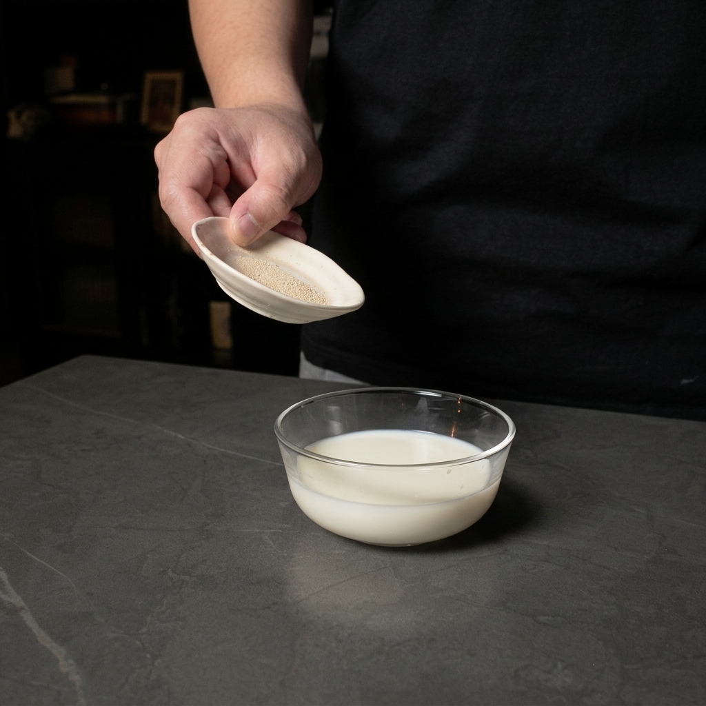 A person pouring active dry yeast from a small ceramic dish into a clear bowl filled with milk.