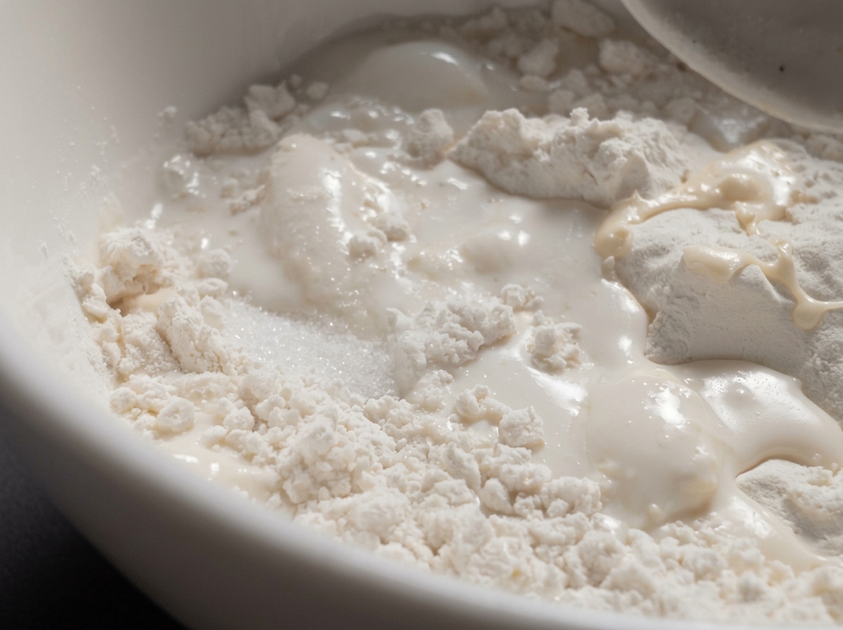 Oil being drizzled into a white mixing bowl filled with flour and milk mixture.