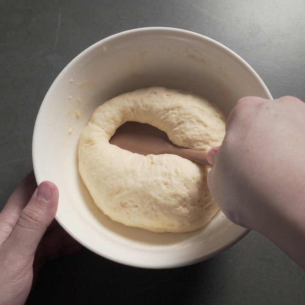 A hand using a wooden spatula to press into the center of a pale, risen dough ball inside a white ceramic bowl.