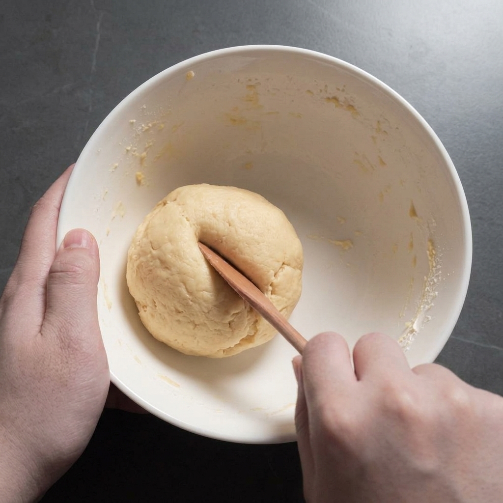 Hands tucking the edges of a dough piece inward to form a round shape in a bowl.