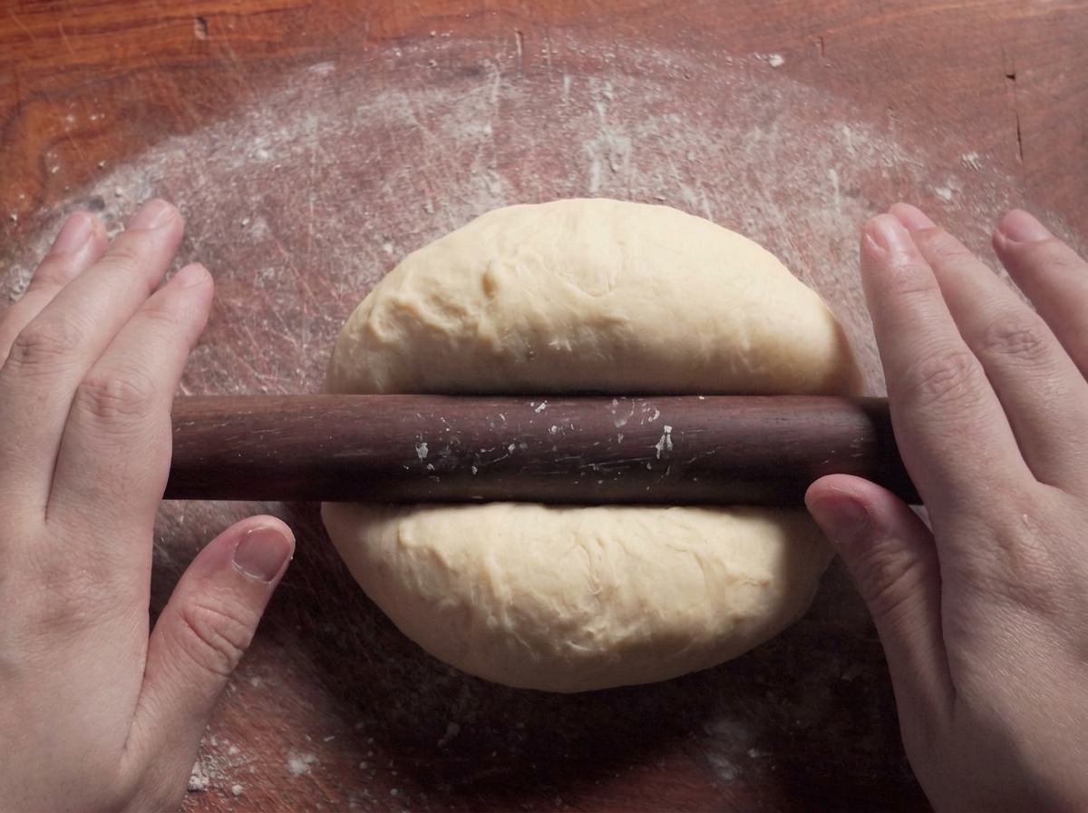 A dark wooden rolling pin being used to flatten a piece of dough on a floured wooden board.