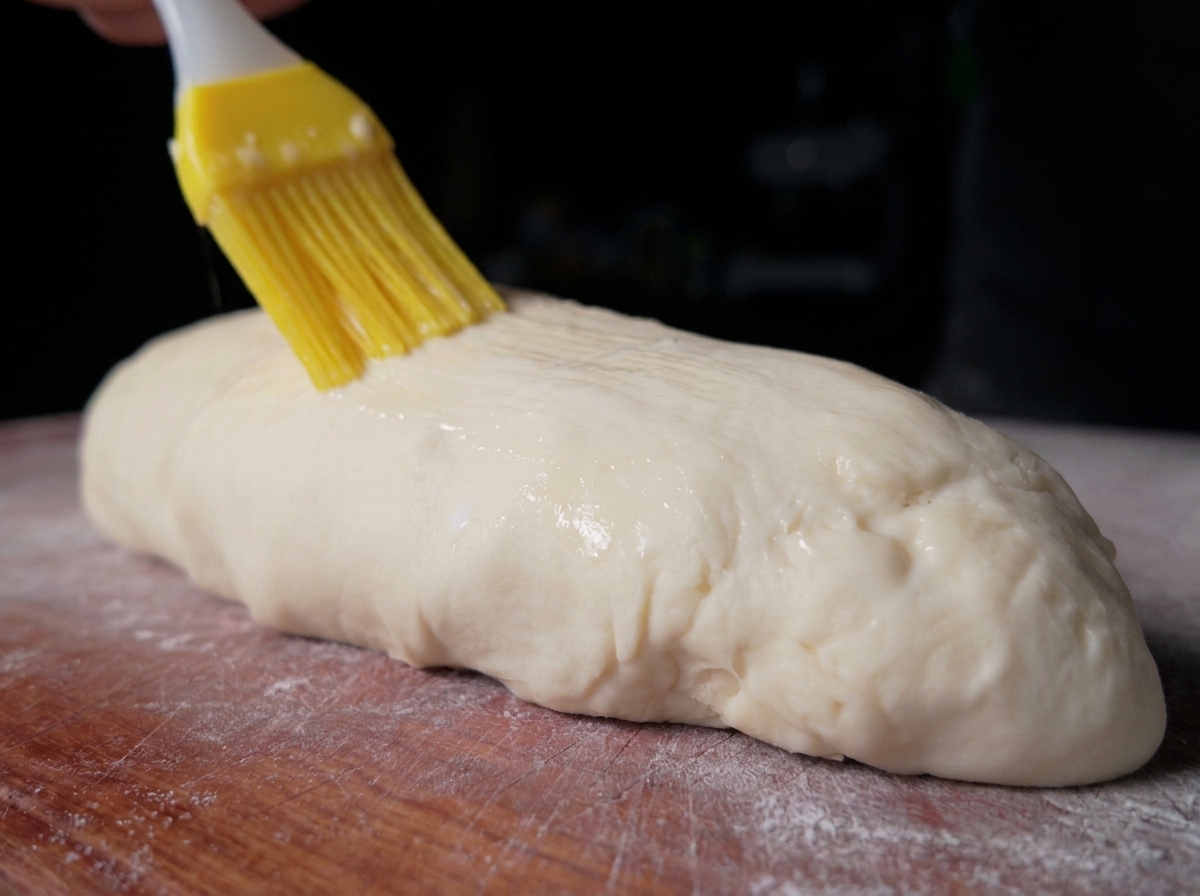 A yellow silicone brush applying a smooth layer of milk over a pale, risen log of dough.