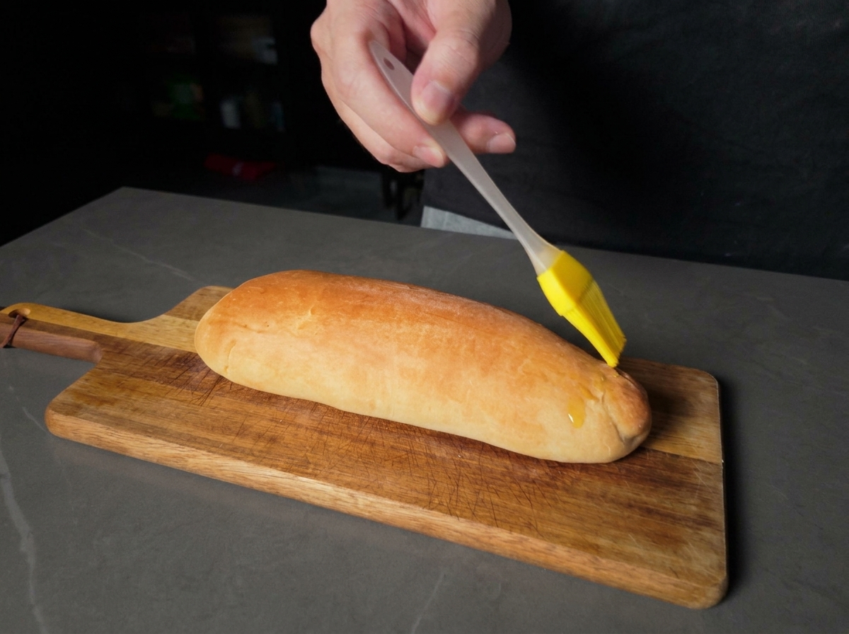A hand using a yellow silicone brush to spread melted butter onto a hot golden brown baked bun on a wooden cutting board