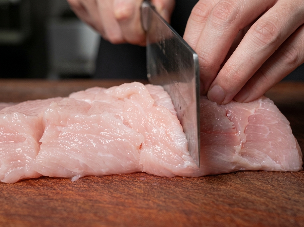 A persons hands using a large metal cleaver to make shallow angled scores across the surface of a pink piece of raw pork