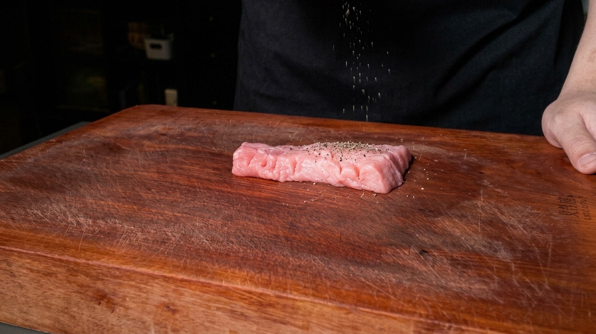 A hand holding a shaker, sprinkling seasoning powder onto a piece of raw pork on a wooden cutting board.