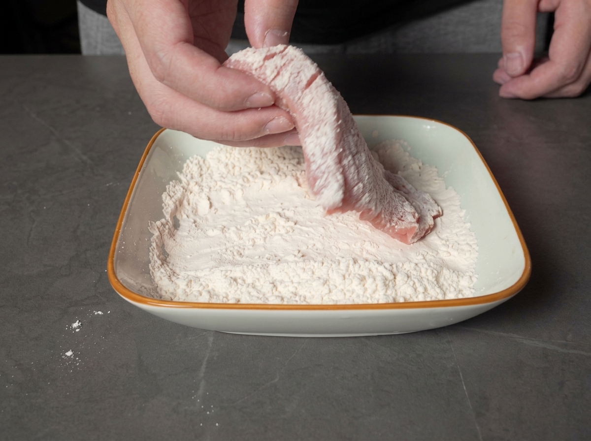 Hands holding a piece of raw pork, coating it evenly in a shallow square dish filled with white flour.