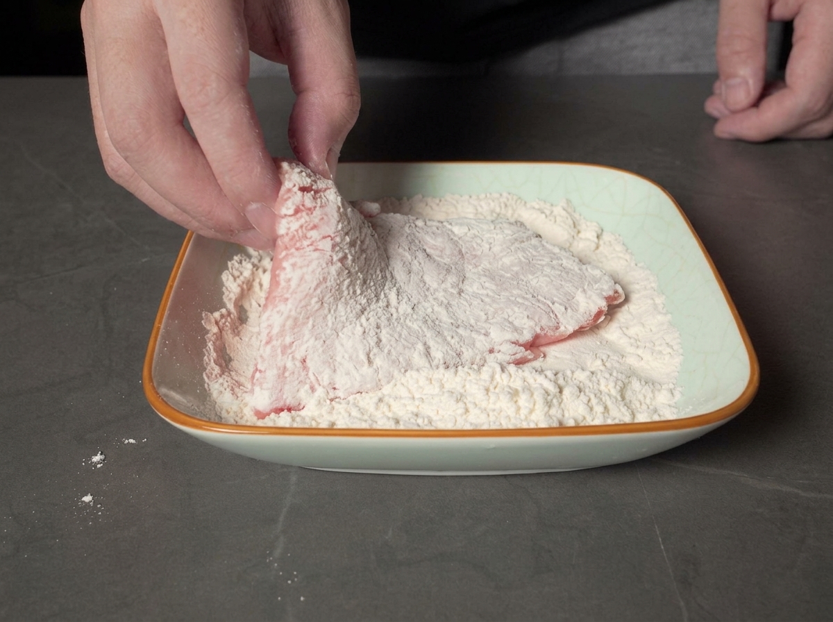 A hand holding a piece of raw pork and dredging it in a square, shallow dish filled with white flour.